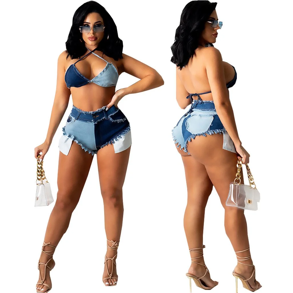 CM.YAYA Women Jeans Patchwork Ripped Pockets Zip Super-short Jeans Sexy Fashion Denim Shorts High Streetwear Summer Trousers