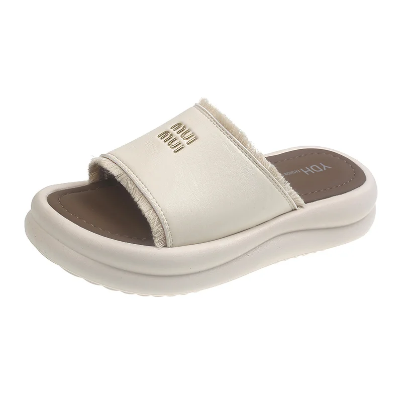 Yyvonne Summer New Pine Cake Bottom Toe Slippers Women Wearing Silver Simple Wind Half Dragging Feet Cold Drag