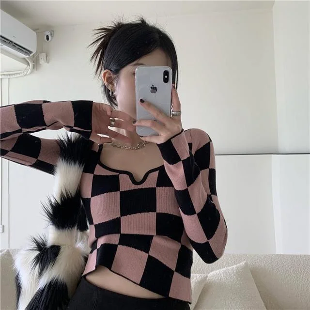 Zingj Knitted T Shirt Women Long Sleeve Checkerboard Plaid Square Collar Ladies Tops 2022 Korean Slim Skinny Cropped Tees