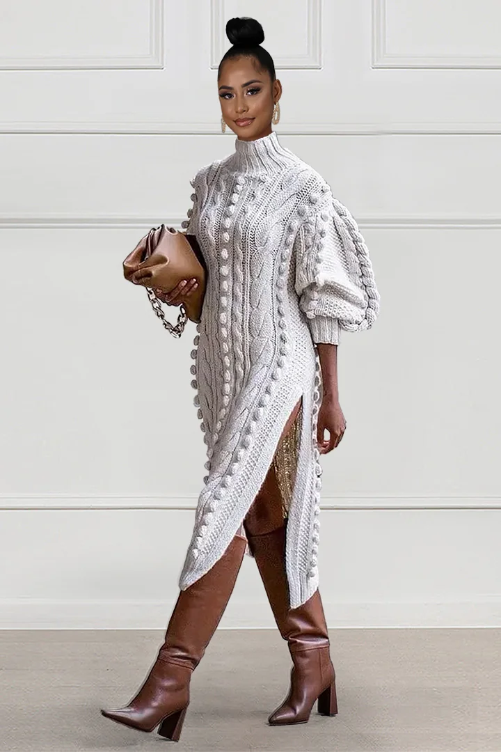 Knit Turtleneck Sweater Long Bell Sleeve Slit Midi Dresses