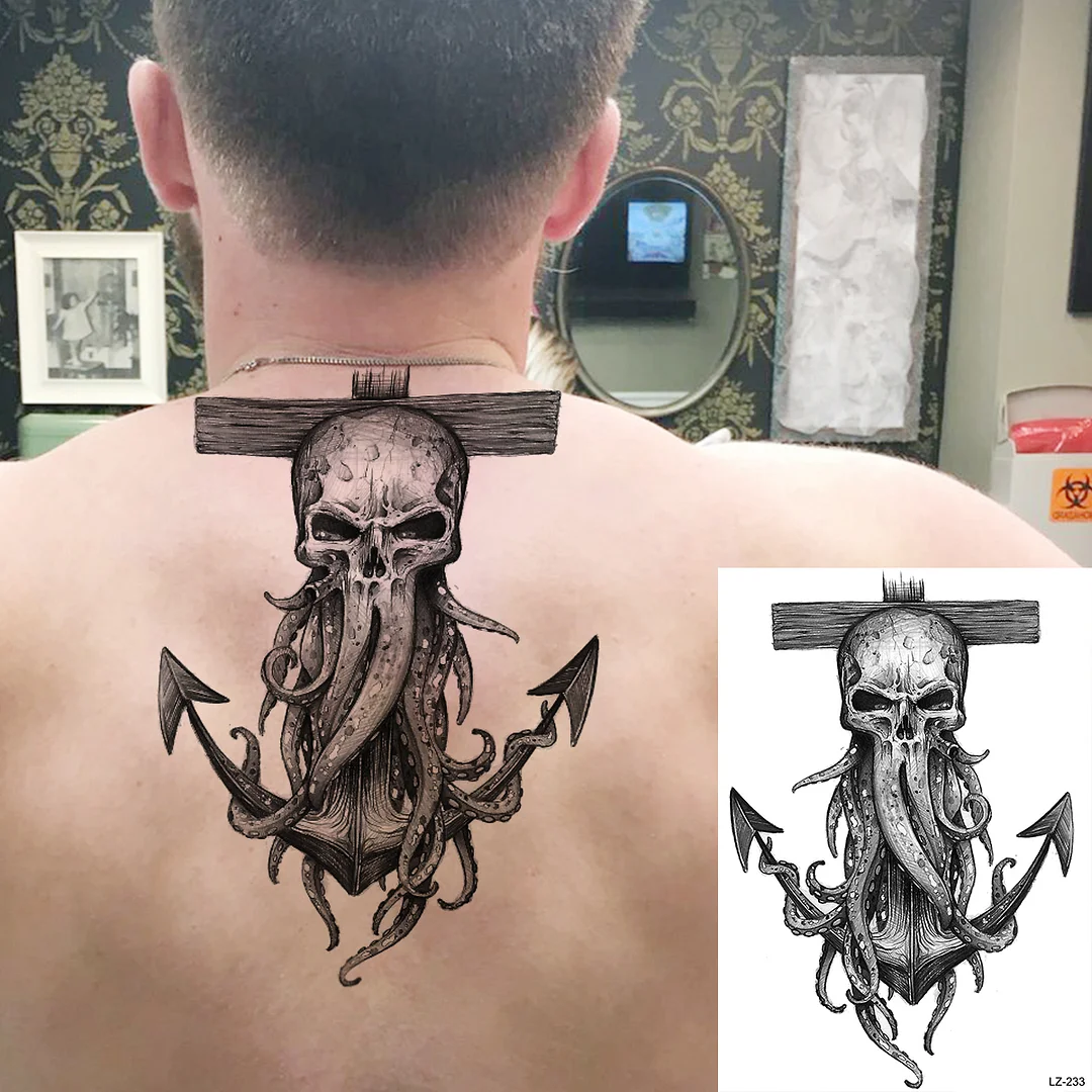 Sdrawing Cuttlefish Skeletion Scary Temporary Tattoos For Men Women Pirate Tiger Skull Totem Fake Tattoo Sticker Tatoos Octopus
