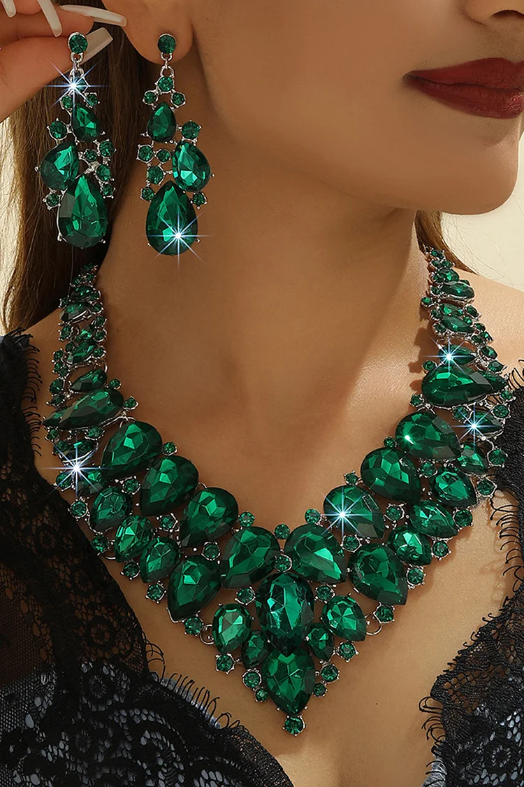 Retro Rhinestone Drop Shaped Layered Necklace Earrings Jewelry Set 2024 - Xpluswear