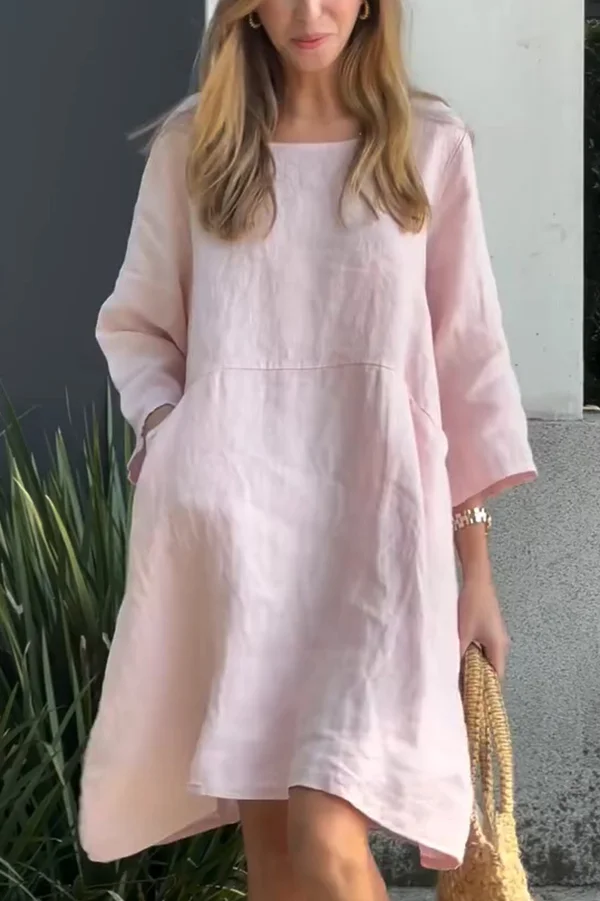 Linen Blend Solid Loose Casual Pocket Mini Dress