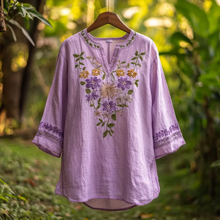 Women's Purple Flowers Embroidery Vintage Linen Shirt