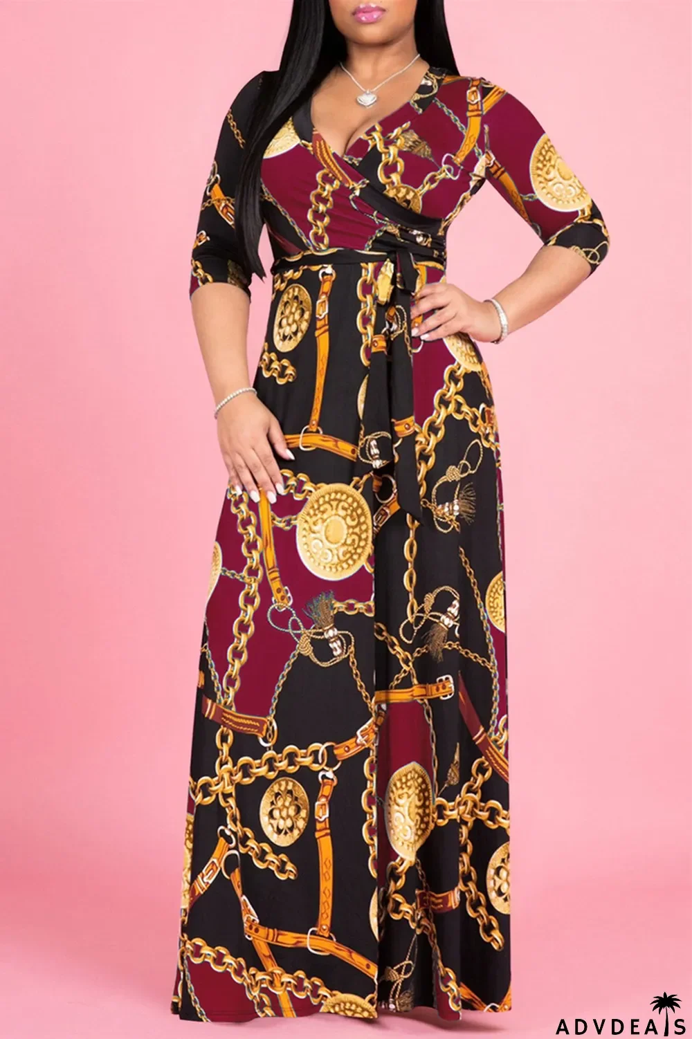 Multi-color Fashion Casual Print Bandage V Neck Long Sleeve Dresses