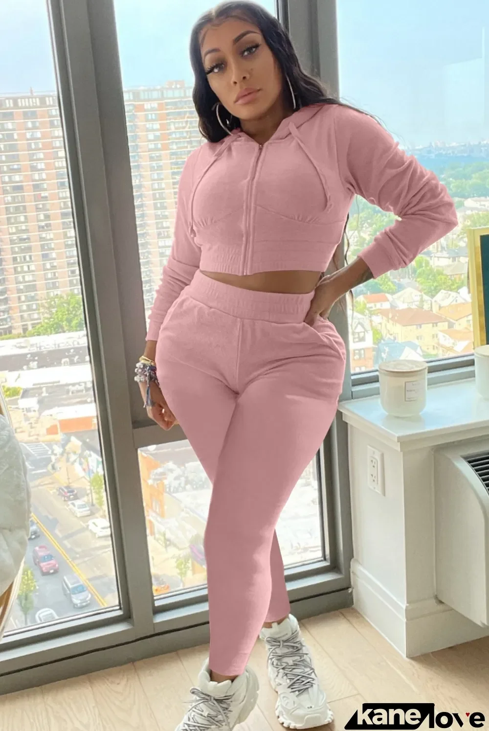 Autumn Casual Pink Long Sleeve Crop Hoody Tracksuit