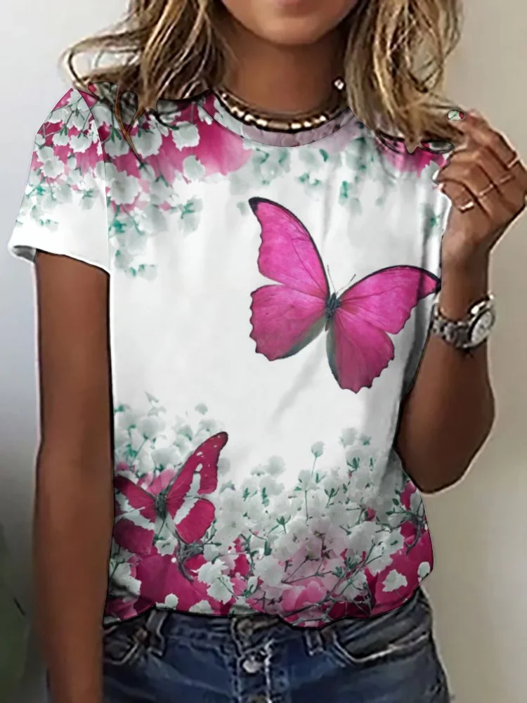Printed Short Sleeve Casual T-shirt for  Women and Men Unisex Pattern Butterfly, Rose Red, Floral