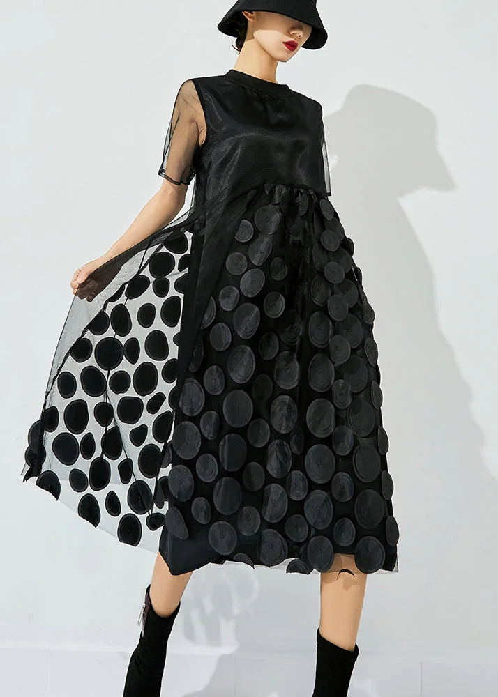 4.29Women Black O-Neck Patchwork Dot Tulle Holiday Dress Summer