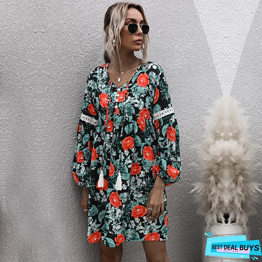 V-Neck Printed Long Sleeve Dress