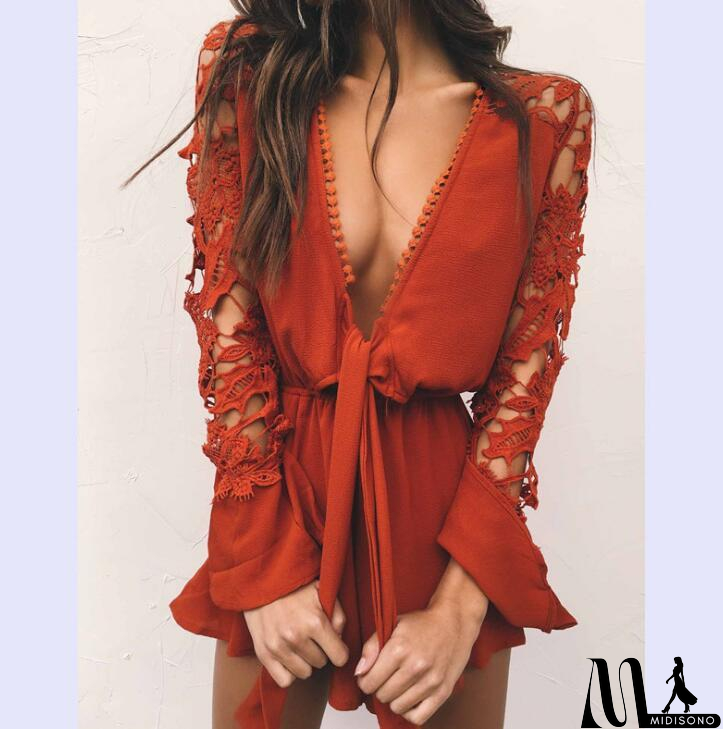 MidiSono - Sexy V-Neck Lace Long Sleeve Rompers Jumpsuits