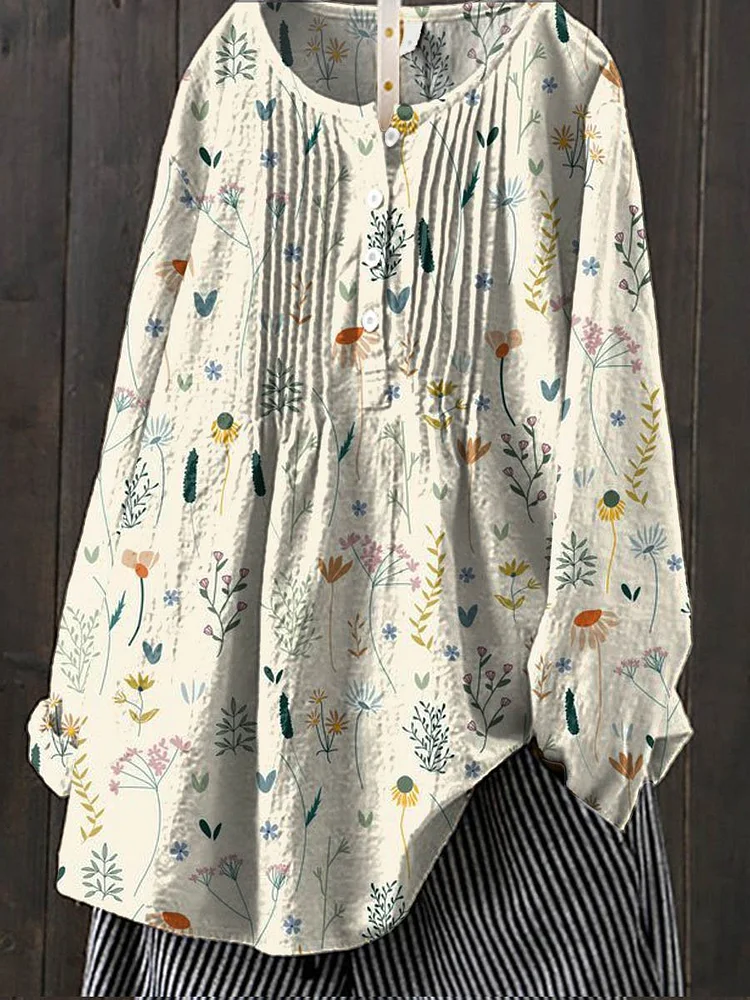 Women's Vintage Floral Art Print Casual Cotton And Linen Shirt
