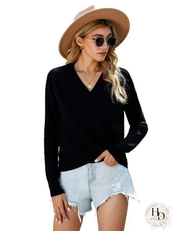V-Neck Ladies' Sweater With Cross Detail In Solid Colors And Sexy Long Sleeves