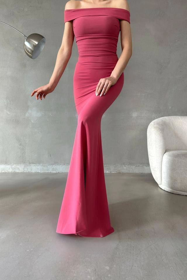 Charming Satin Fuchsia Off the Shoulder Strapless Long Prom Dress with Pleated | MS0226 
