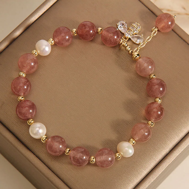 Strawberry Quartz Pearl Cute Zircon Honeybee Positive Charm Bracelet