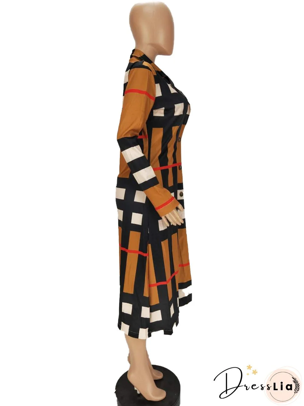 Women's Plaid Print Long-sleeved Lapel Long Coat