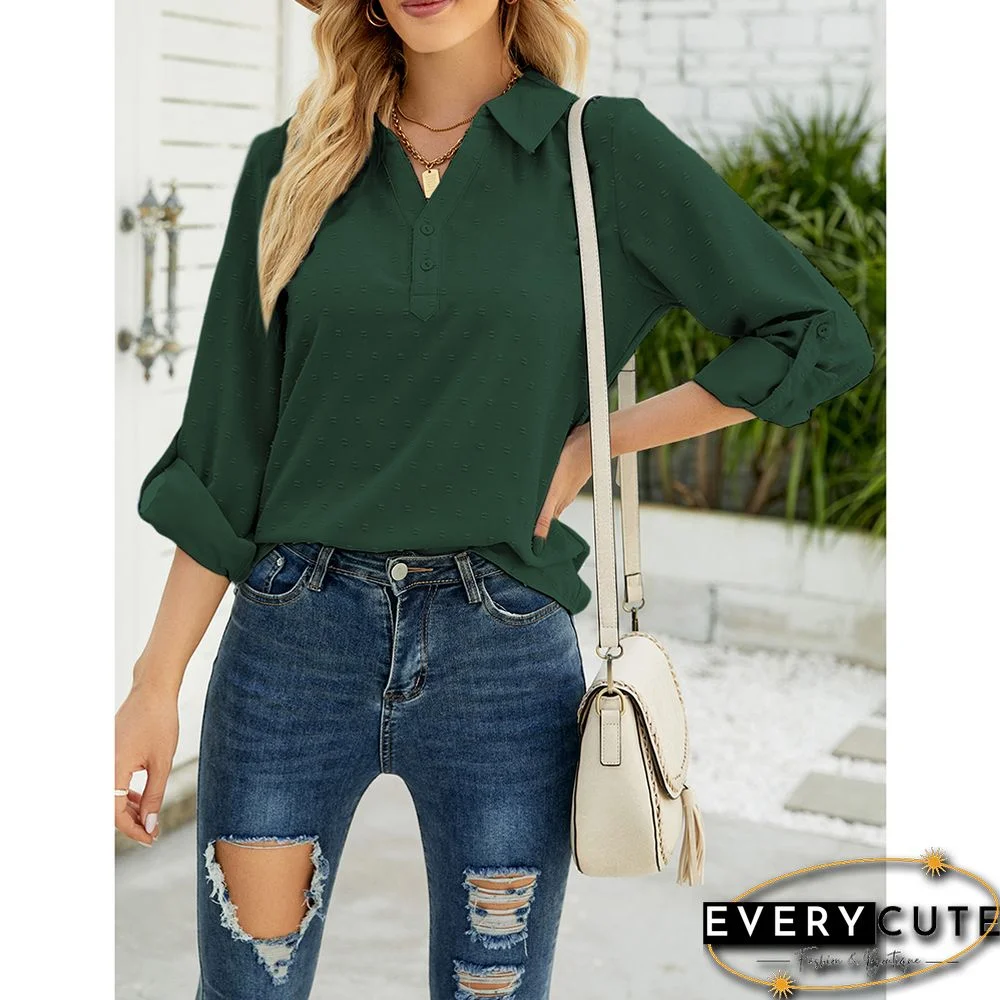 Green Swiss Dot V Neck Jacquard Long Sleeve Tops