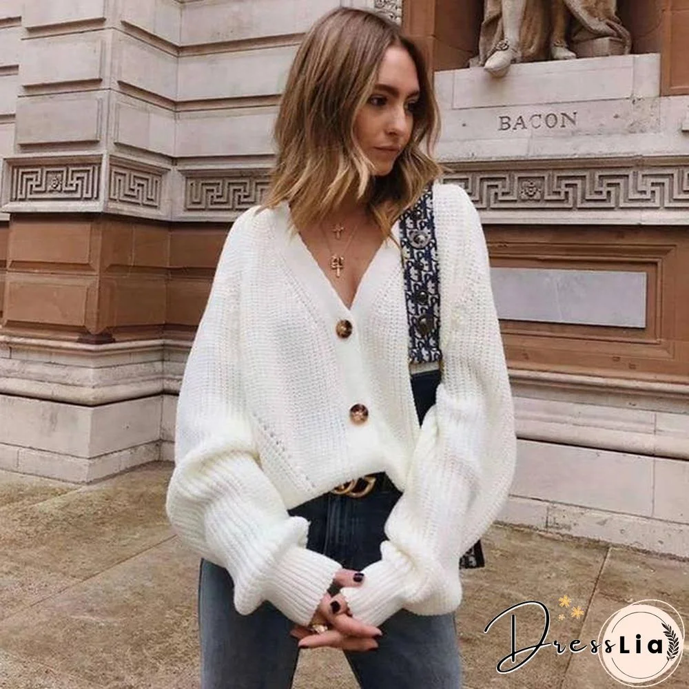 Zoki Women Knitted Cardigans Sweater Fashion Autumn Long Sleeve Loose Coat Casual Button Thick V Neck Solid Female Tops