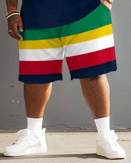 Men's Plus Size Polo Color Stripes T-Shirt Shorts Set
