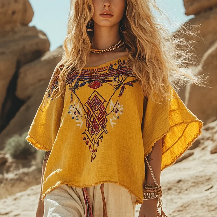 Desert Style Holiday Bohemian Vintage Linen Casual Top