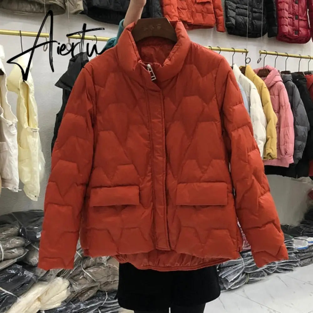 Aiertu Janveny Ultra Light Down Jacket Women Winter Stand Collar Feather Puffer Coat 90% White Duck Down Parkas Solid Color Outerwear Aiertu