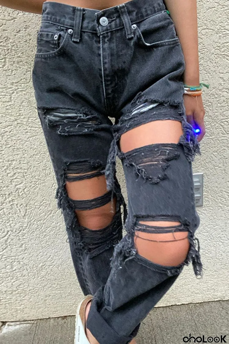 Fashion Sexy Solid Ripped Mid Waist Straight Denim