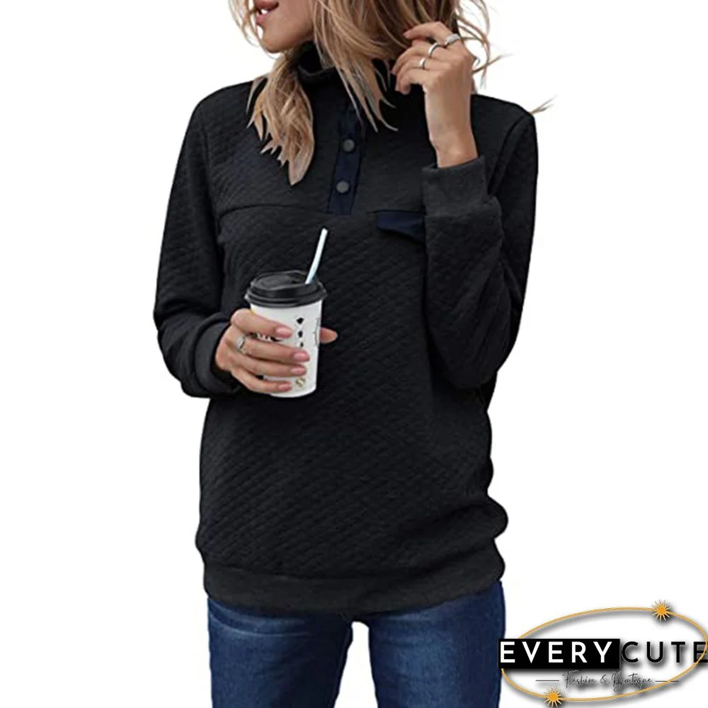 Black Cotton Blend Button Neck Sweatshirt