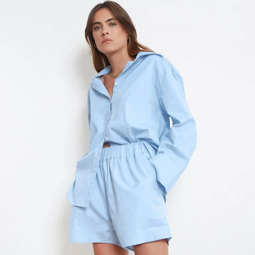 Graduation Gifts  High Quality 100% Cotton Short Sets Women Solid Oversize Loose Long Sleeve Shirt Wide Leg Drawstring Shorts 2022 Two Piece Suits