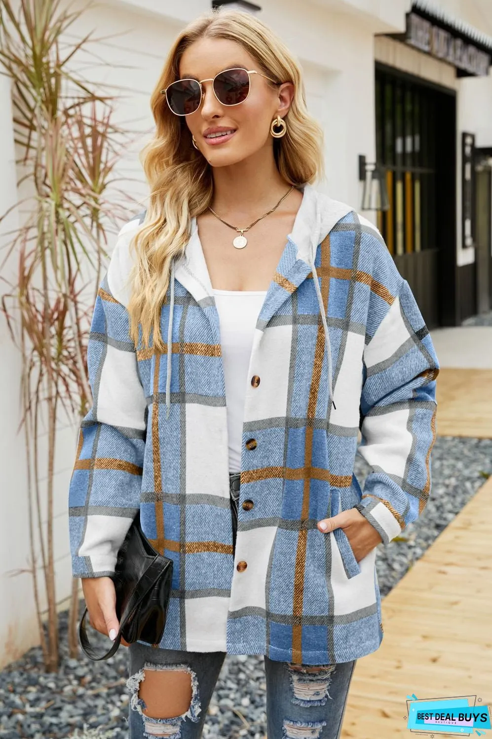 Drawstring Hooded Plaid Shacket Coat With Pocket
