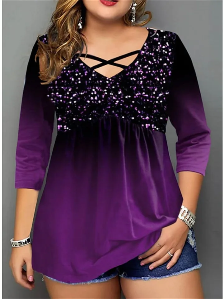 Women's Plus Size Tops Blouse Color Gradient 3/4 Length Sleeve V Neck Basic Vacation Weekend Cotton Fall Winter Purple-Hoverseek