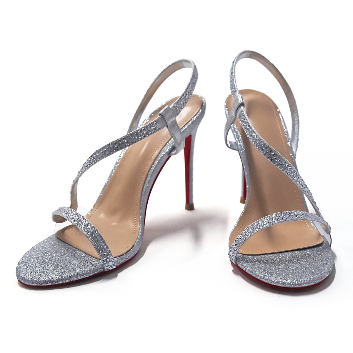 100mm Women's  Red Bottom  Sandals Stiletto Spotlight Wavy Straps High Heels Ankle Strap Studs Shoes-MERUMOTE