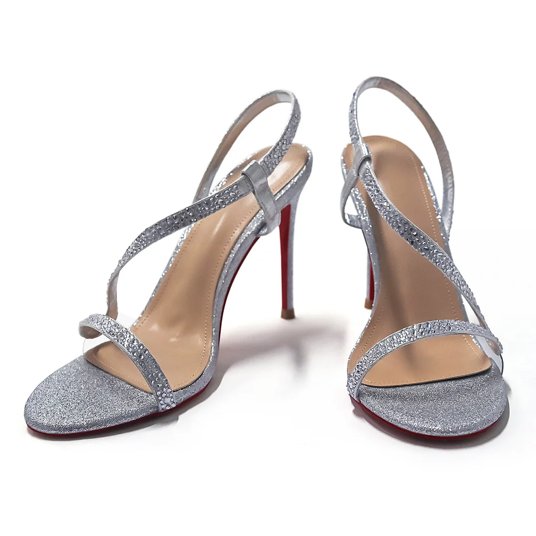 100mm Women's  Red Bottom  Sandals Stiletto Spotlight Wavy Straps High Heels Ankle Strap Studs Shoes-MERUMOTE