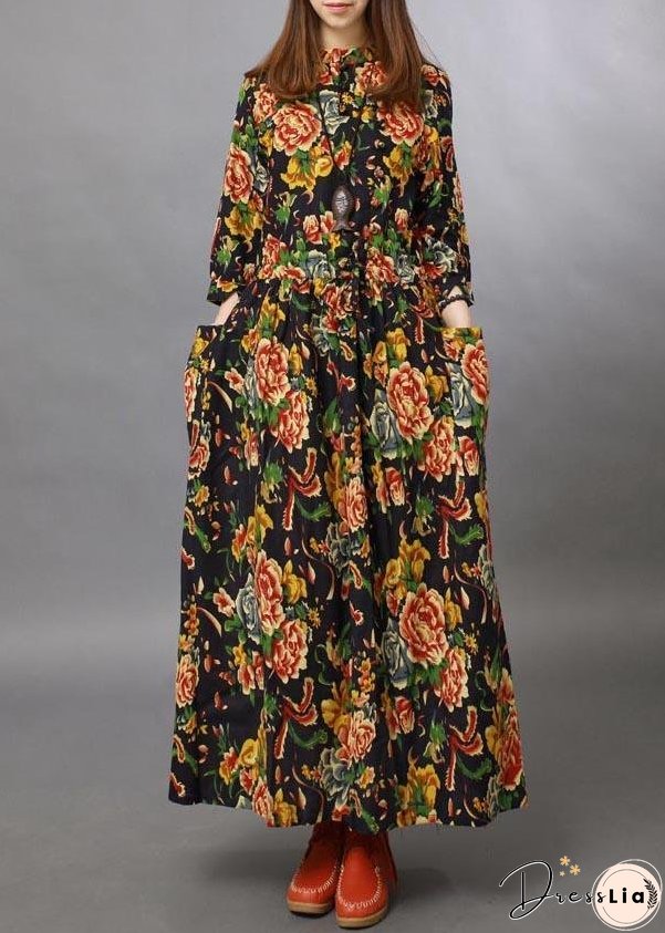 Loose Stand Collar Half Sleeve Spring Tunics For Women Black peony Maxi Dresses