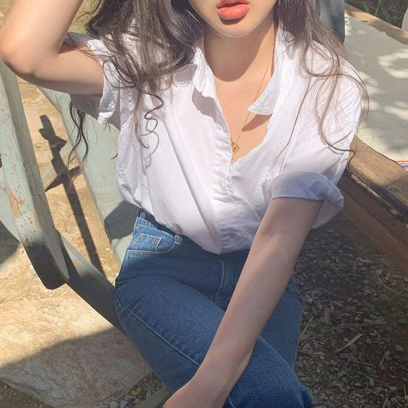 Uveng Uveng Version Of White Short-Sleeved Shirt Women's Summer New Design Sense Of Niche Shirt Loose Lazy Leisure Thin Top