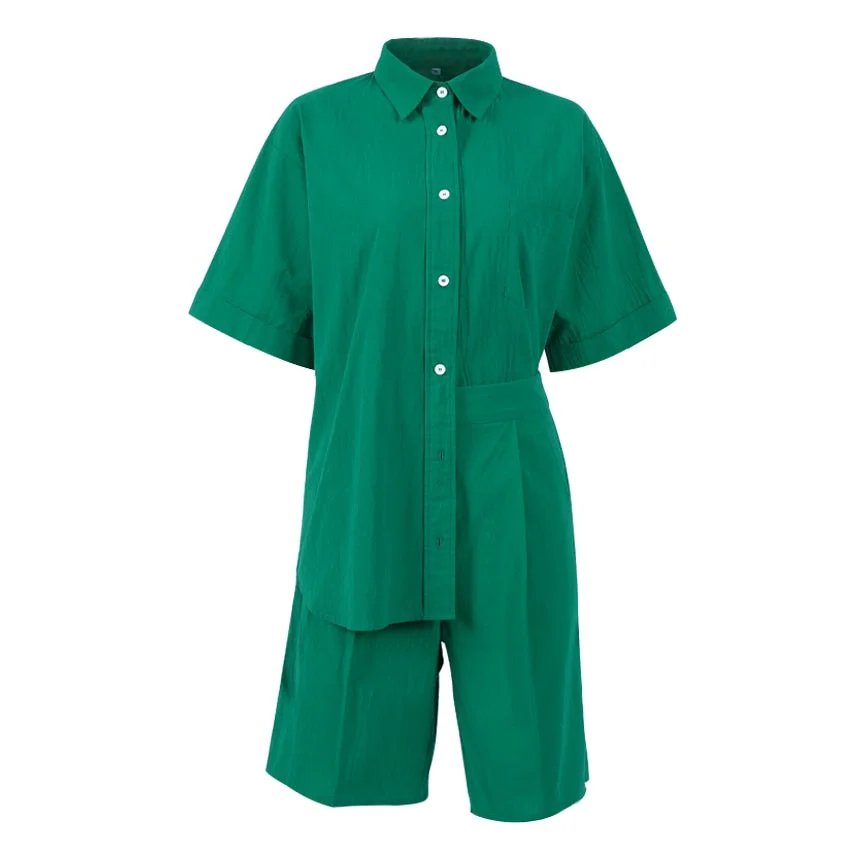 OOTN Office Lady High Waist Shorts And Shirt Female Top Green Two Piece Set Women Summer Suit With Shorts Outfit Vintage Cotton