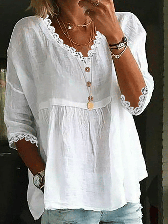 Women's V-Neck Lace Stitching Solid Color Loose Casual Shirt