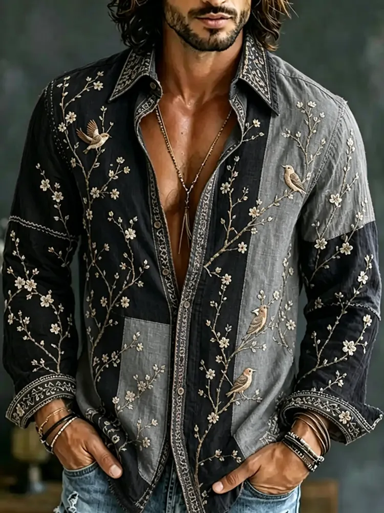 Men's Retro Flowers And Birds Patchwork Art Casual Linen Shirt
