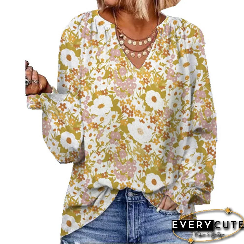 Yellow Floral Print Long Sleeve V Neck Blouse