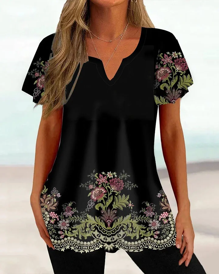 Ladies Casual Vintage V-Neck Printed Short Sleeve T-Shirt