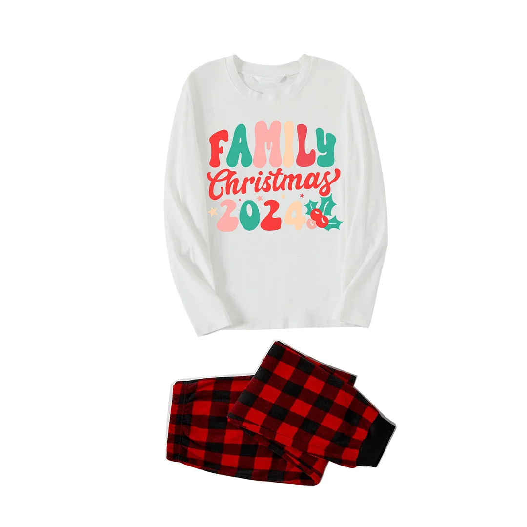 "Family Christmas 2024" Colorful Letter Pattern White Long Sleeve with Black&Red Plaid Pants Family Matching Pajamas