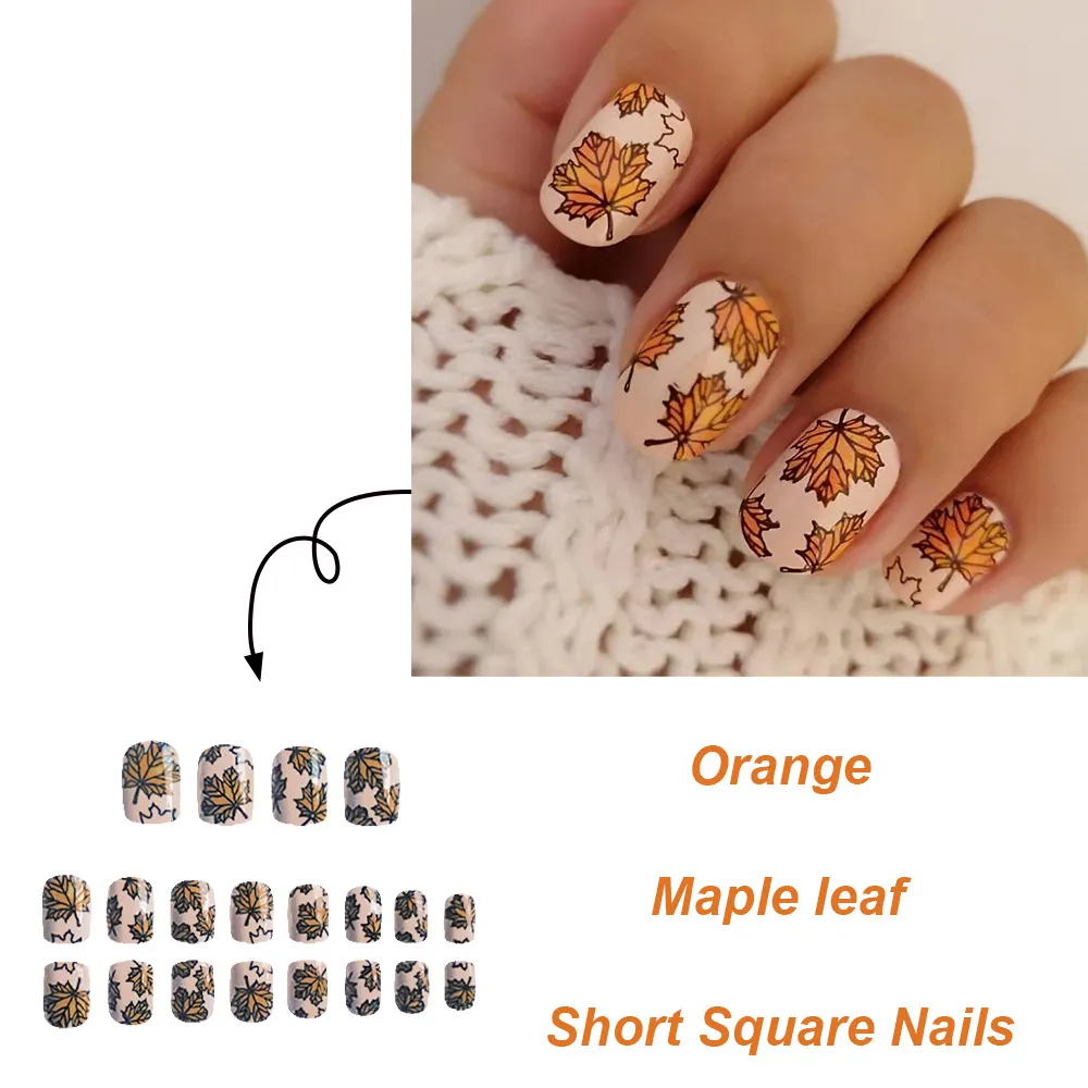 Churchf Churchf Oil Tracing Maple Leaf Short Square Nail Removable Fake Nail Finished Wear Nail Holiday Nail