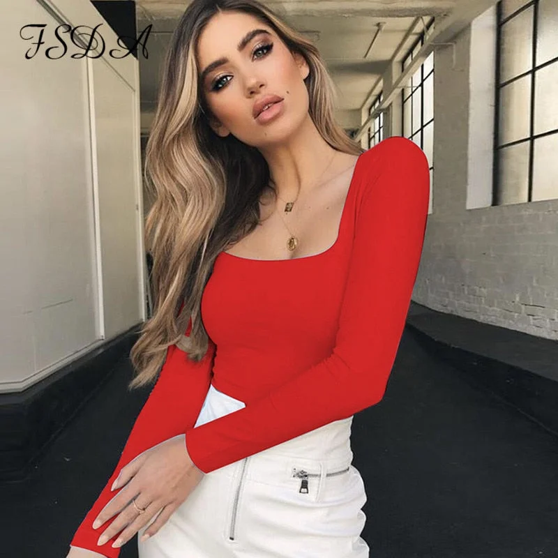 FSDA Suqare Neck Casual Long Sleeve T Shirt Women Sexy Top Black White Autumn Spring Summer Red Tee Basic Ladies Shirt Top