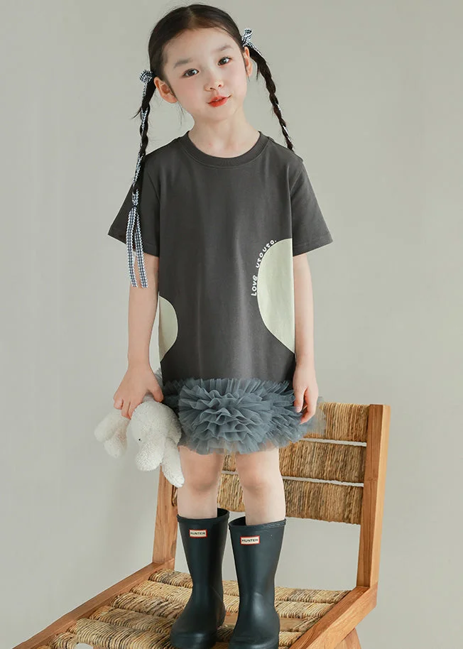 New Grey Print Tulle Patchwork Girls T Shirt Dresses Short Sleeve