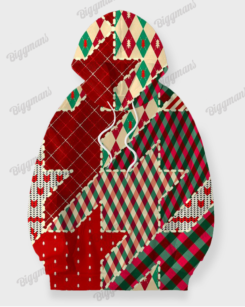 Men's Christmas Colorblock Red Plaid Print Plus Size Hoodie Suit