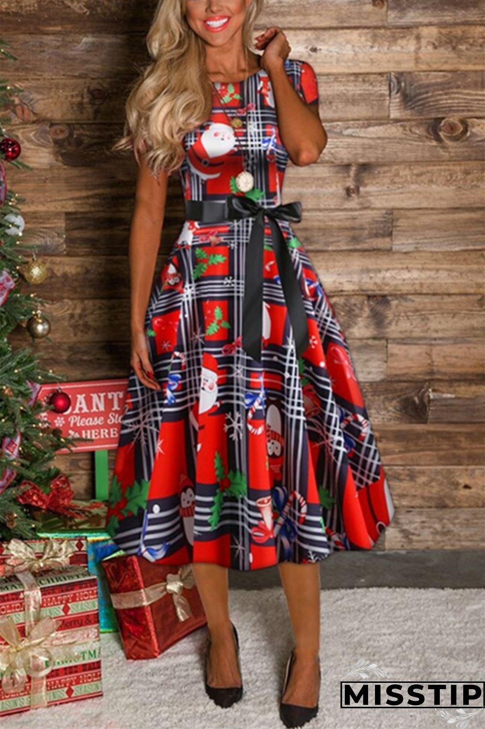 LeafPrint Christmas Short Sleeve Swing Dress