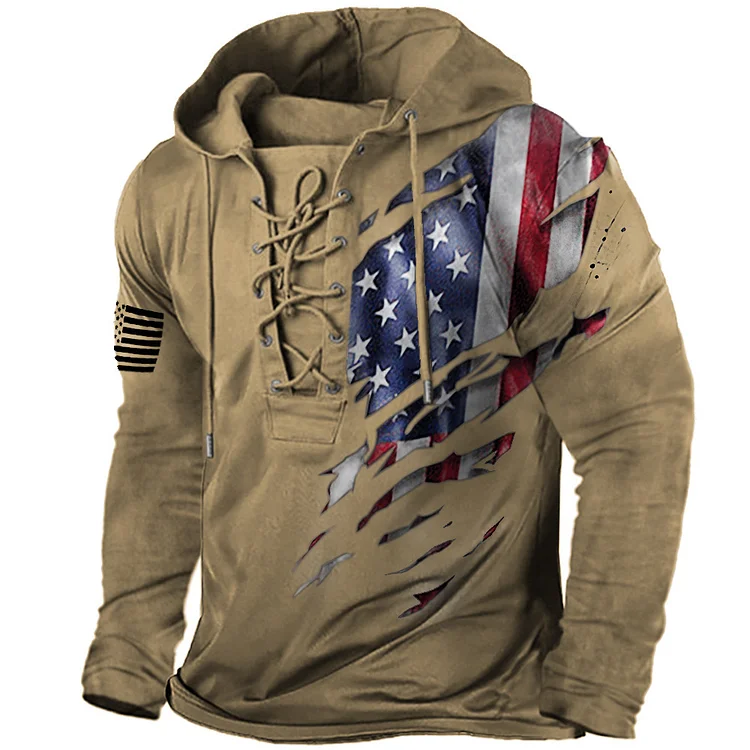 Veterans Day Gift - American Flag Print Lace-up Hoodie