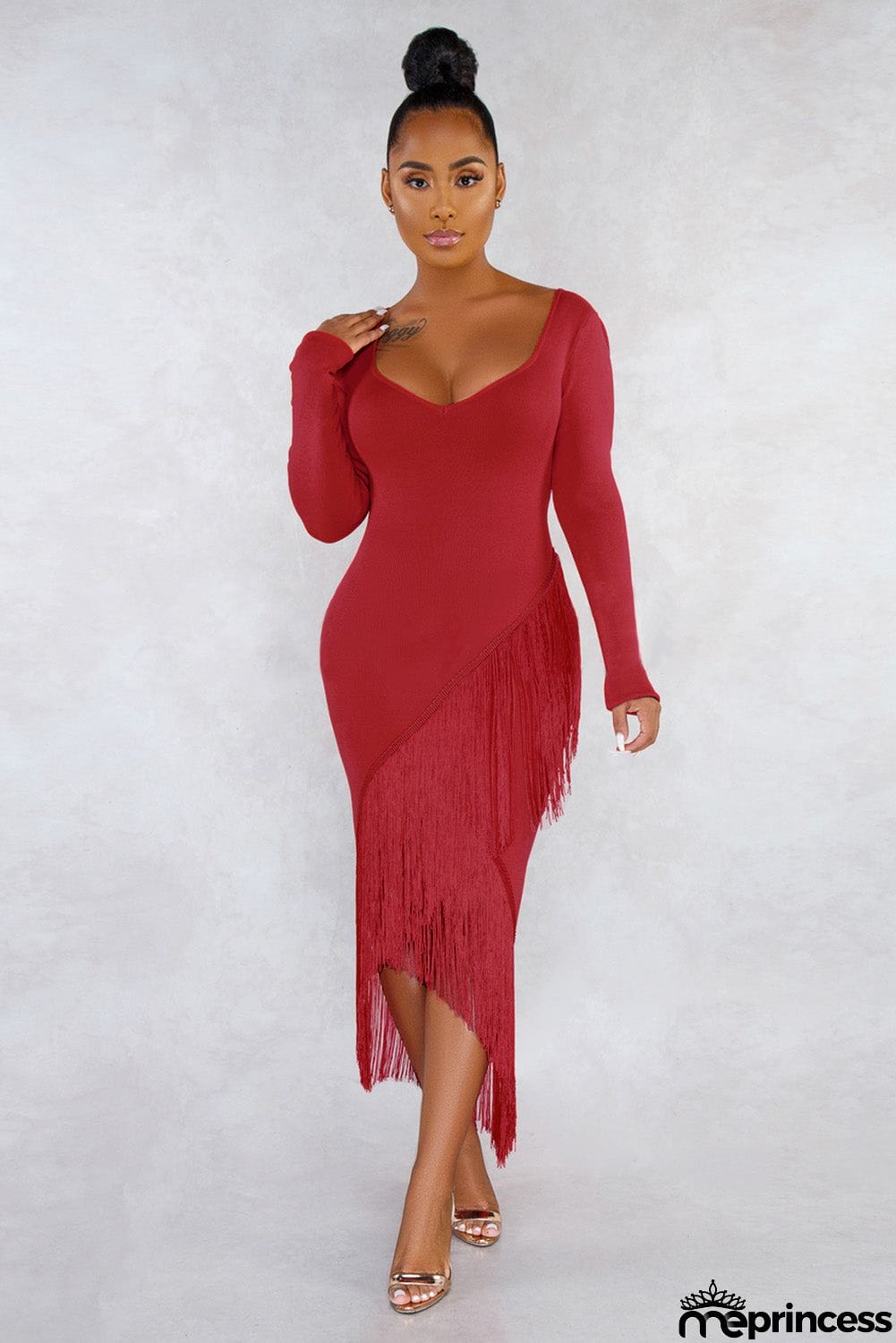 Glove Sleeves Fringed High-low Midi Dress