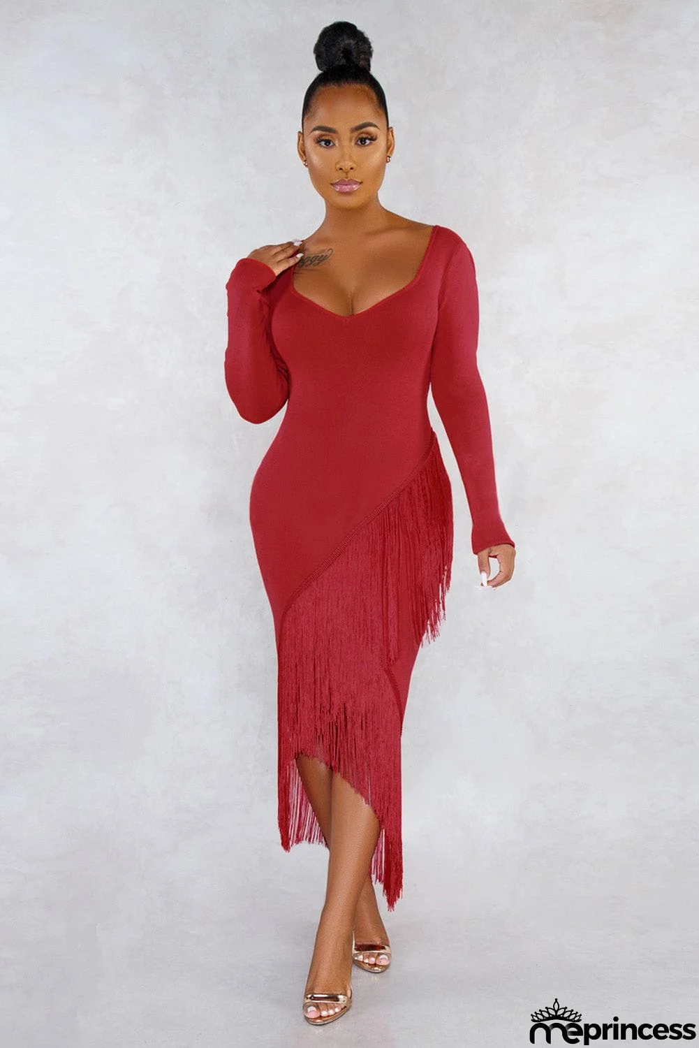 Glove Sleeves Fringed High-low Midi Dress