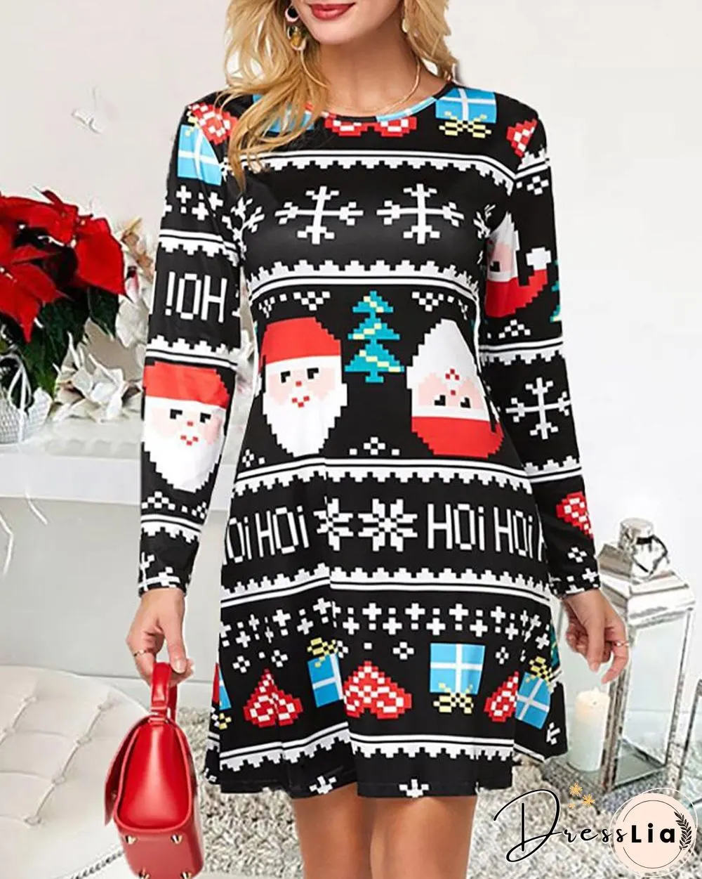 Christmas Print Long Sleeve Casual Dress