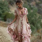 Vintage Pink Roses Fiber Art Flowy Linen Maxi Dress - Image 2