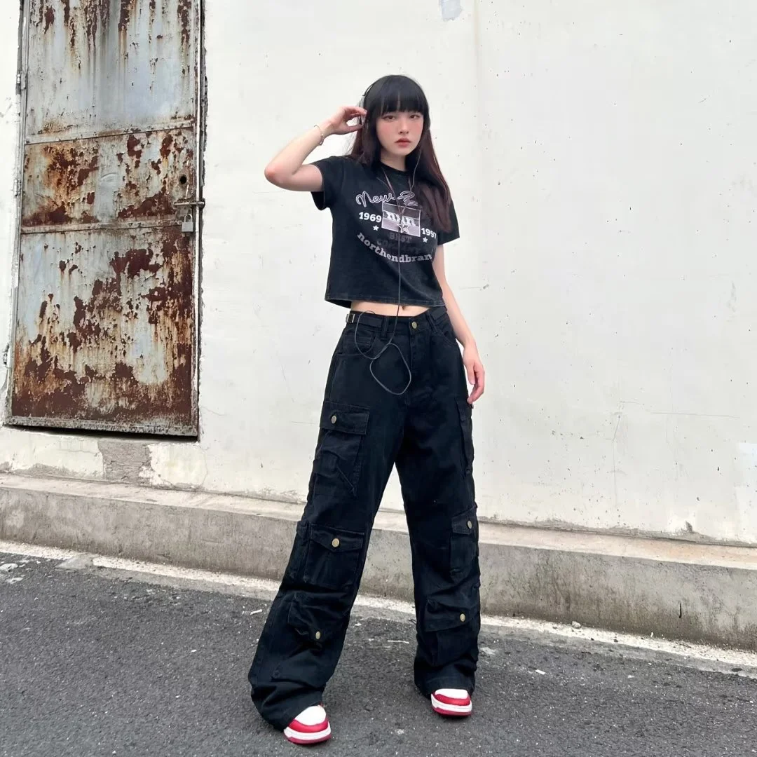 Back To School Outfits Y2k Retro High Street Multi Pocket Cargo Pants Women Fashion Casual High Waist Wide Leg Baggy Jeans Denim Trousers Overalls